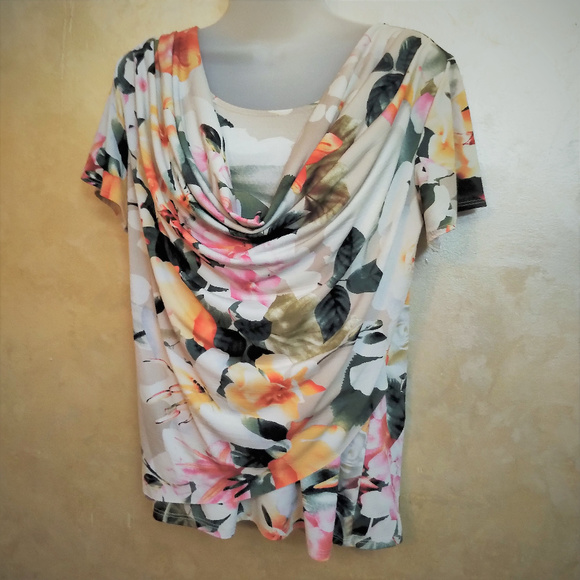 Dressbarn Draped Neck Floral Top EUC M/L - Picture 1 of 4